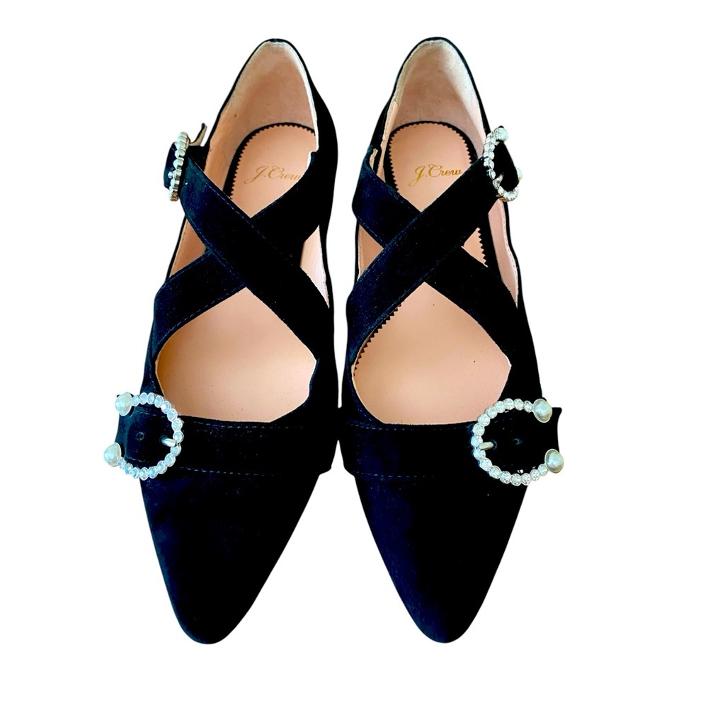 J. Crew Black Suede Marina Ballet Flats Cross Strap Pearl Buckle Balletcore Shoe